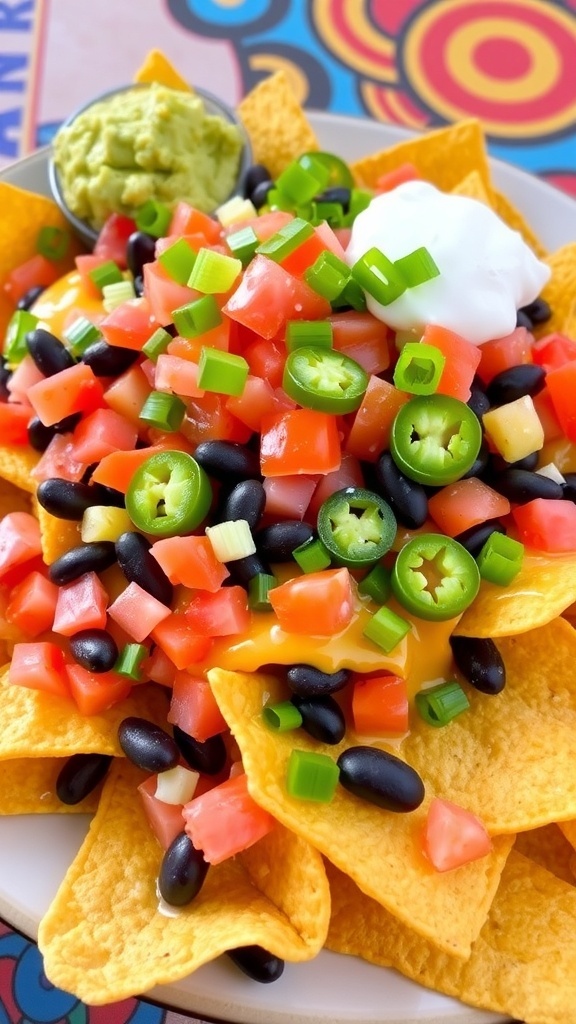 A plate of loaded nachos with cheese, jalapeños, tomatoes, and guacamole.